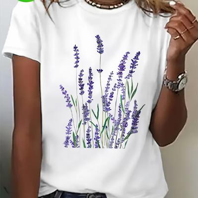 Damski lawendowy T-shirt z krótkim rękawem z nadrukiem, casualowy top z kreskówkowym kwiatowym wzorem, T-shirt do prania w pralce na wiosnę, lato i jesień