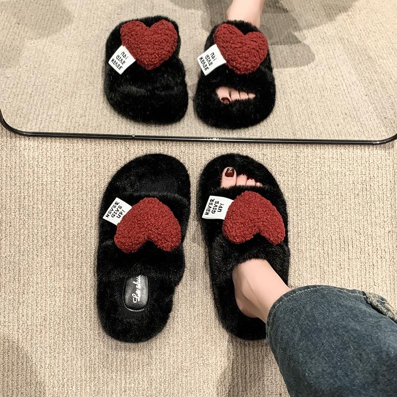 Premium thick bottom fluffy slippers women wear new autumn and winter Internet celebrity peach heart plush heightening cotton slippers