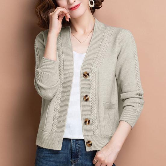Women Knitted Cardigan Spring Autumn V Neck Button Closure Long Sleeves Solid Color Middle Age Ladies Coat Top Streetwear