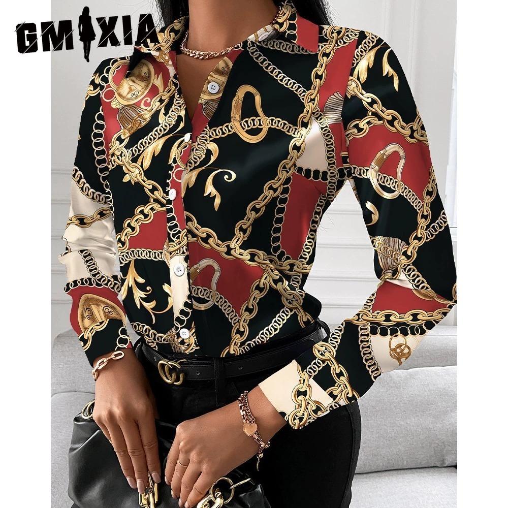 GMXIA Women's Fashion Casual Solid Color Print Long Sleeve POLO Neck Blouses & Shirts