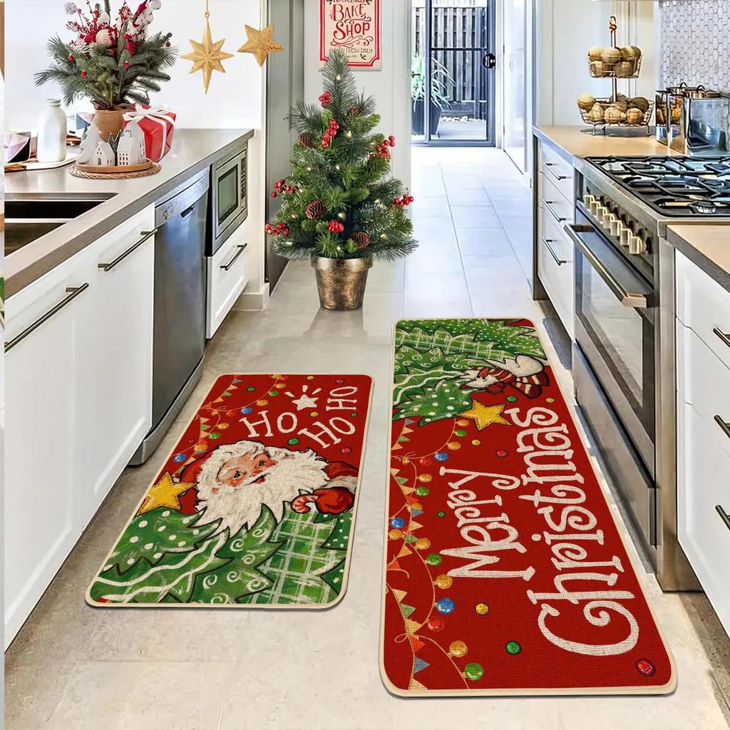 2pcs Christmas Atmosphere Floor Mat Non-slip Stain-resistant Bathroom Mat Kitchen Rug for Holiday Home Decoration