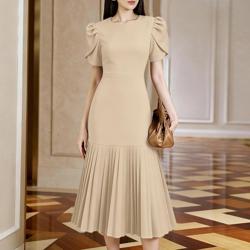 ZANZEA Women Casual Round Neck Short Sleeve Pleated Dress