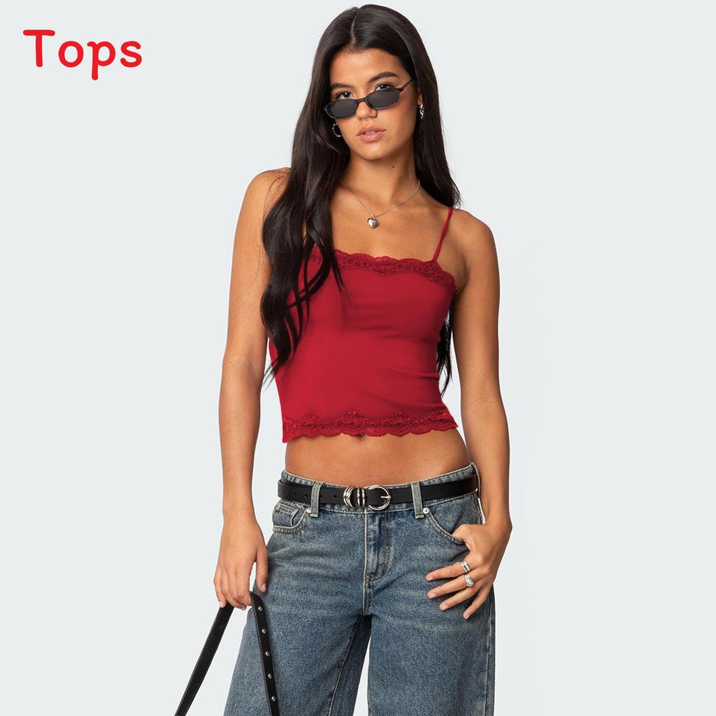 Y2k Sexy Girl Crop Top With Lace Trim Splicing For Streetwear Fashion