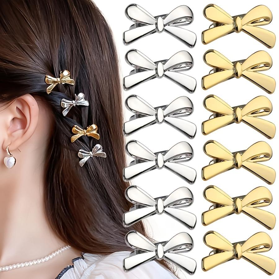 A Set of 6 Bow-Shaped Hair Clips in Shiny Golden And Silvery Plastic, Perfect Multifunctional Additions for Fine Hair