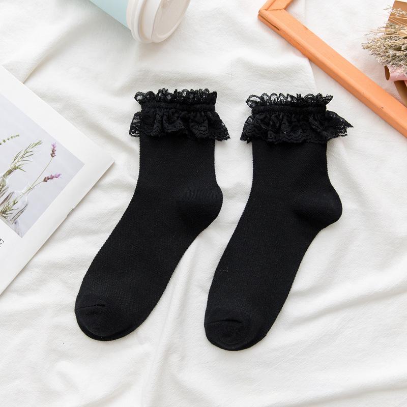 Women Socks Lace Lolita Jk Japanese Style White Black Solid Kawaii Girl Cotton Cute Ankle Socks for Famale
