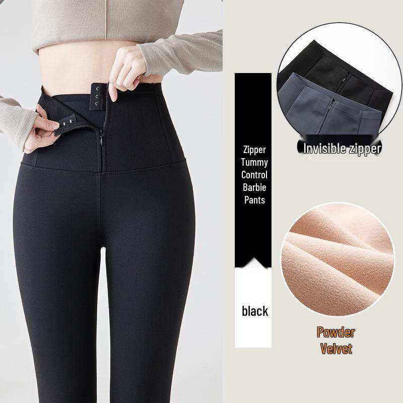 Women's Zipper Abdomen Control Shark Skin Pants: Plus Velvet, Thick Warm Button-Up Yoga Base Layer for Autumn/Winter.