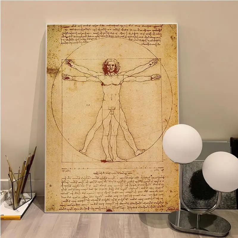 Leonardo Da Vinci Manuscript Vitruvian Man Vintage Posters Retro Room Bar Cafe Room Wall Decor Home Living Room Decor Painting