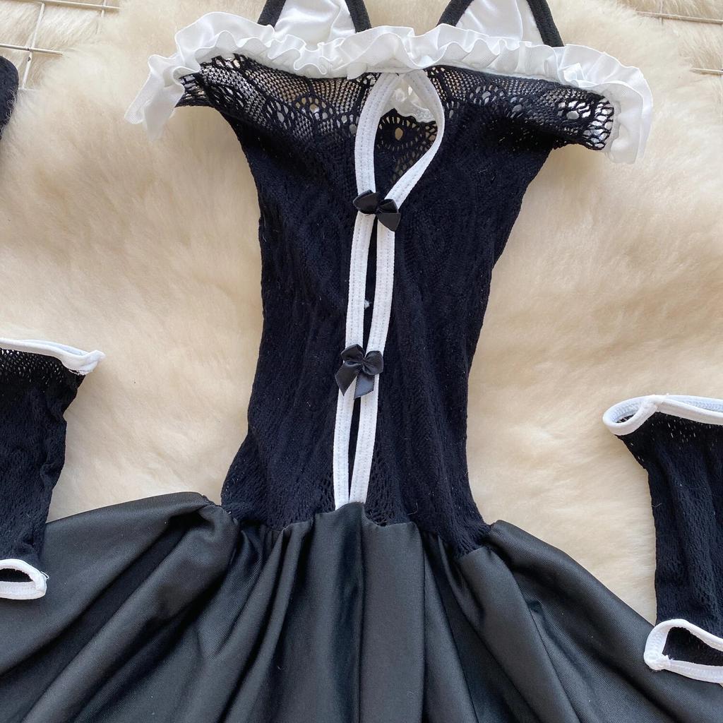 Japanese Cute Cat Erotic Night Dress Women Strapless Slim Bow Backless Nightwear Playsuits Female Hollow Out Sheer Uniform Sexy Pajamas 2024