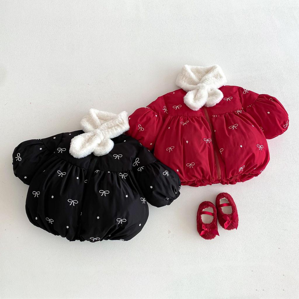 2025 New Girls' Korean-Style Winter Coat with Bow and Scarf - Cute Cotton Padded Outfit for Babies
