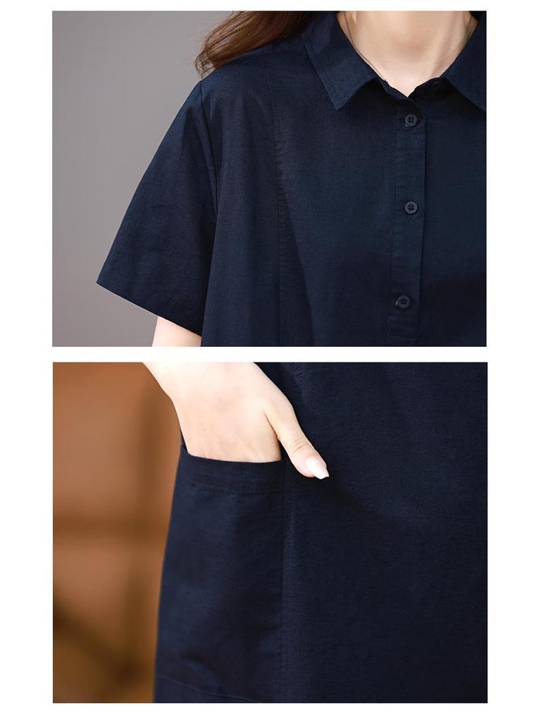 Chic Purple Cotton-Linen Dress for Middle-Aged Women - Summer Solid Color with Small Lapel