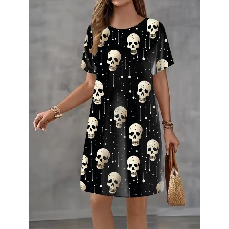 Summer Ladies 3D Printed Crew Neck Short Sleeve Dress Fashion Versatile Trend Breathable Casual S