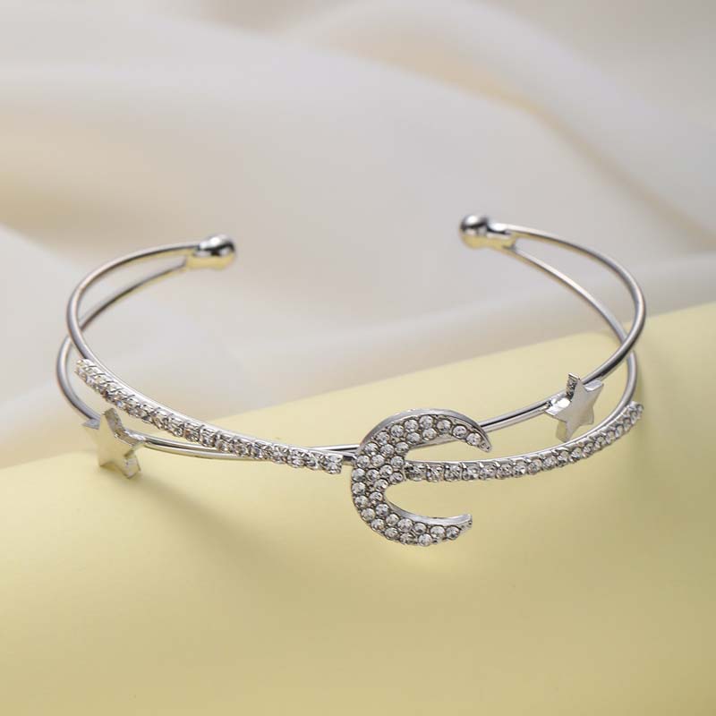 Fashion Double Layer Star Moon Cuff Bracelet For Women Simple Silver Color Crystal Hollow Geometric Bracelet Jewelry Gifts
