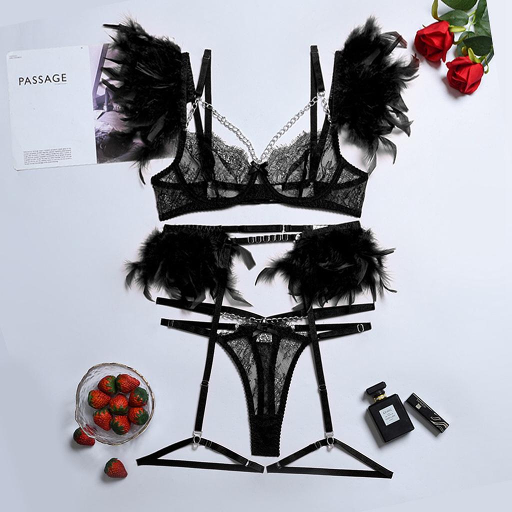 Lace Lingerie Set Feather Trim Chain Strappy 3 4 Cup Underwire Bra Panties with Garter Leg Loops for Honeymoon Black M