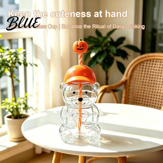 Reusable Boba Tea Cup 600ML Bear Glass Tumbler with Lid & Straw 20oz Borosilicate Drinking for Iced Coffee Tea Milk Gift Women Girls