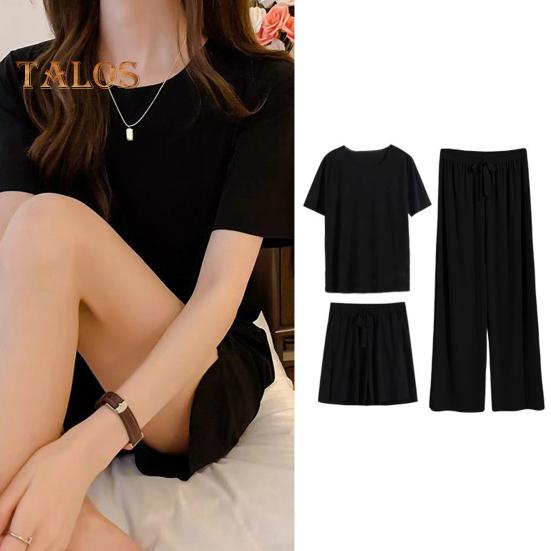 3 Teile/satz Frauen Sommer Pyjamas Set O Hals Kurzarm T-shirt Elastische Taille Shorts Breite Bein Falten Hosen Dame Loungewear Nachtwäsche Set Homewear Top