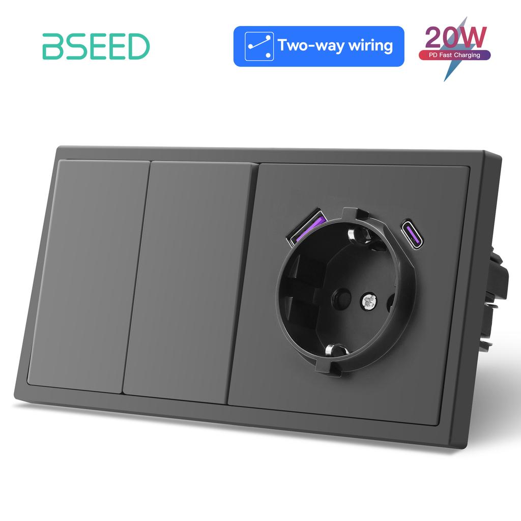 BSEED Interruptores de Luz de Botão Grande 1/2 Grupos 1/2 Vias Mais Tomadas de Parede Tipo-c USB Carregamento Rápido Estruturas de Plástico Padrão UE