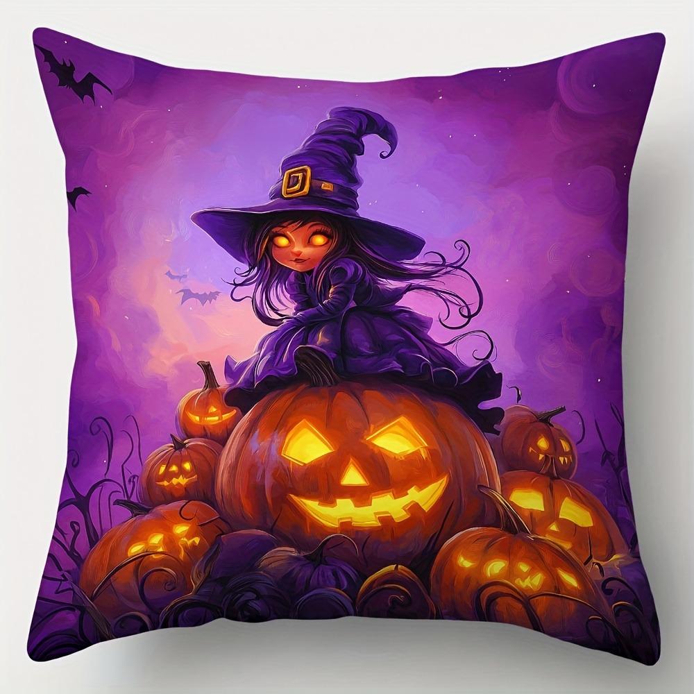 Home Decor Halloween Witch, Cats & Pumpkins Decor Pillow Pattern Cushion Cover Suitable For Sofa Bedroom Car Pillow Cover