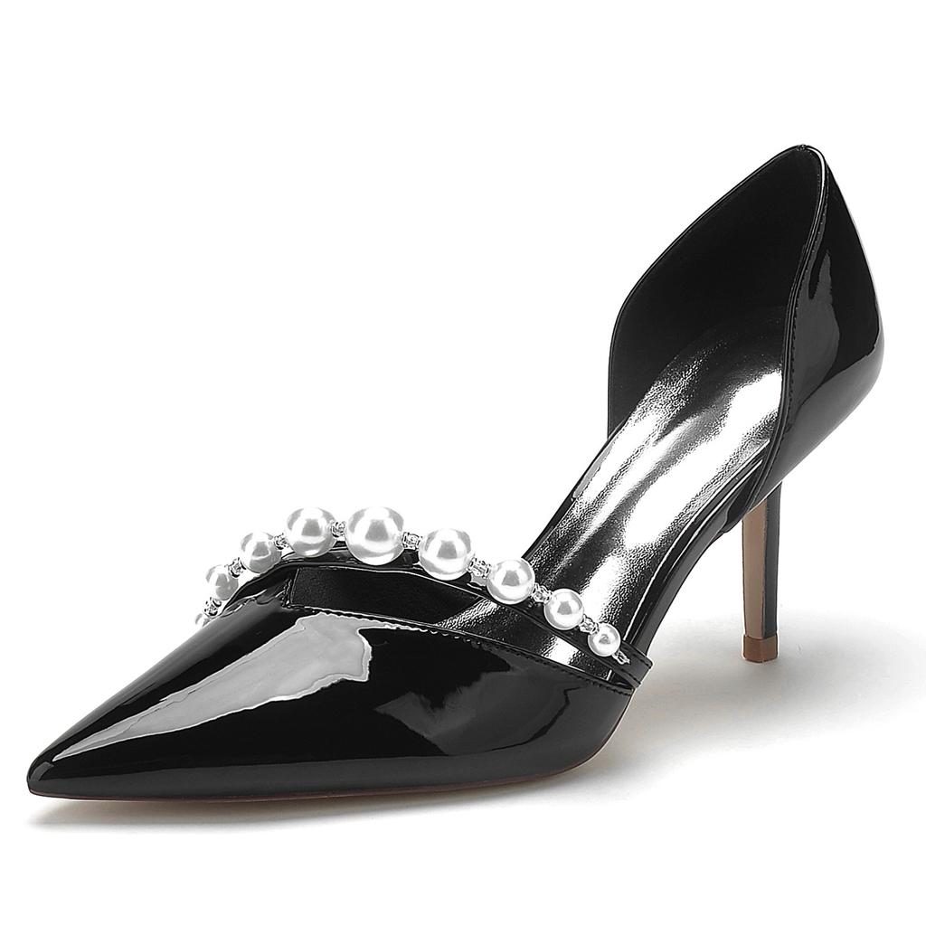 Naked Patent Leather, High Heel, Light Mouth, Pointed Tip, Thin Heel, Pearl Word with Large Size.
