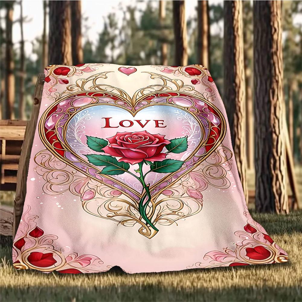 1pc Heart Love Rose Outdoor Flannel Blanket Soft All Season Polyester Throw , Perfect for Picnics & Travel , Picnic Accessory