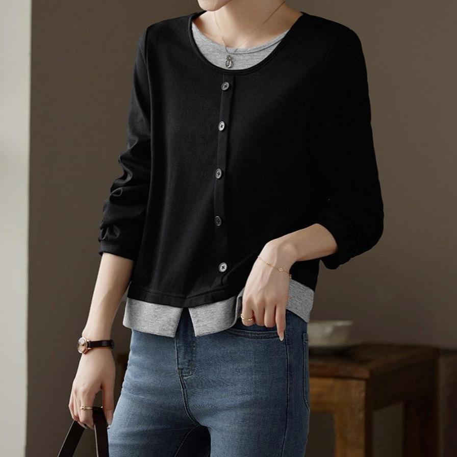 Minimalist Black Atmosphere Long-sleeved T-shirt for Women with Small Body Covering Flesh and Slit T-shirt