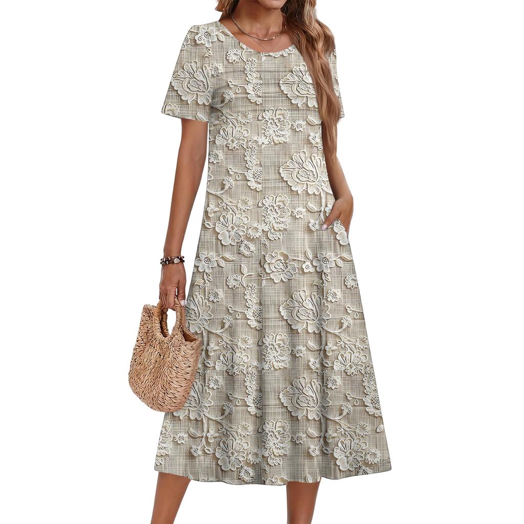 Ladies' Floral Printed Casual And Fashionable Short Sleeved Round Neck Dress