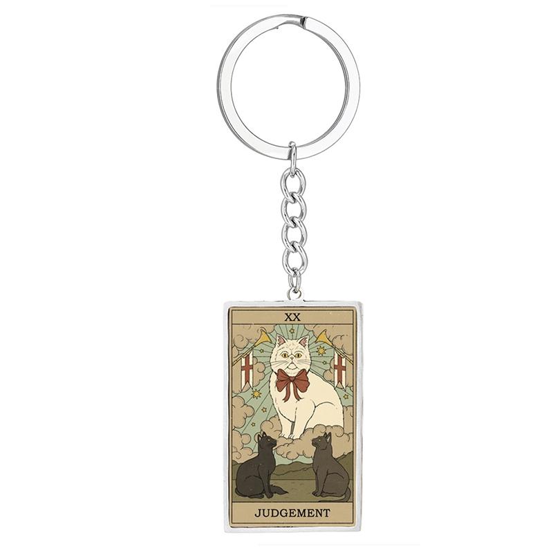 Cute Cat Tarot Card Keychain Vintage Rectangle Epoxy Stainless Steel Pendant Key Chain Animal Divination Jewelry