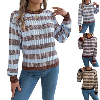 Women's Round Neck Vintage Striped  Long Sleeve Pullover Sweater
