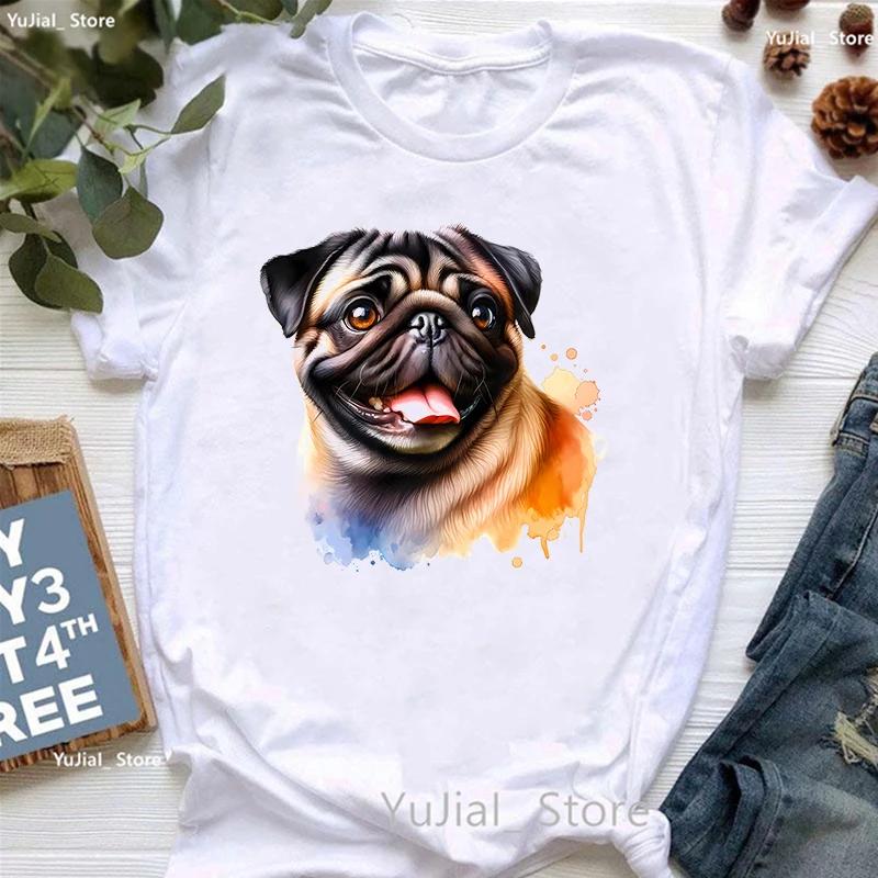 Watercolor Pug Dog Animal Printed T Shirt Unisexs Clothing Funny White Tshirt Femme Summer Tops Short Sleeve Tshirt Female