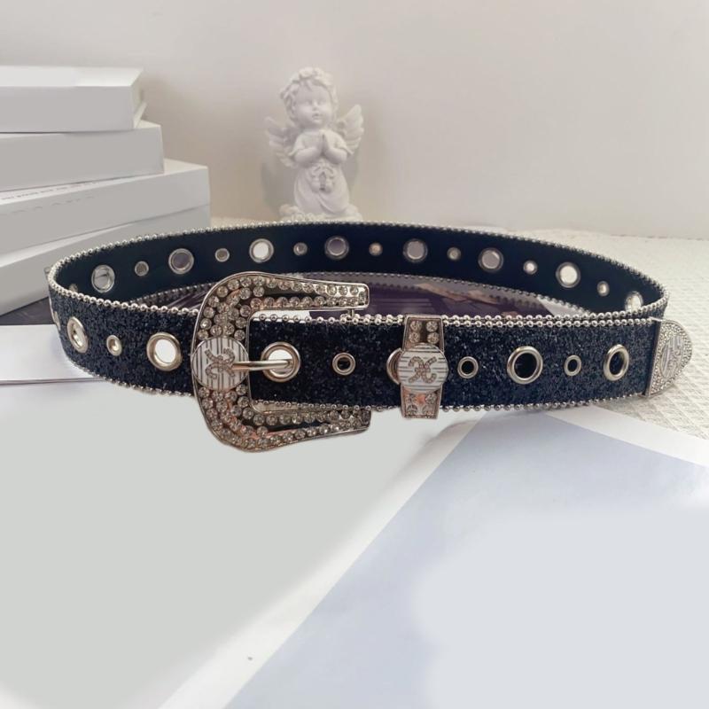Women Large Eyelet Belt for Jeans Skirt Bead Trim PU Leather Belt Subculture Pants Belt  Girl Clothing Waist Decors