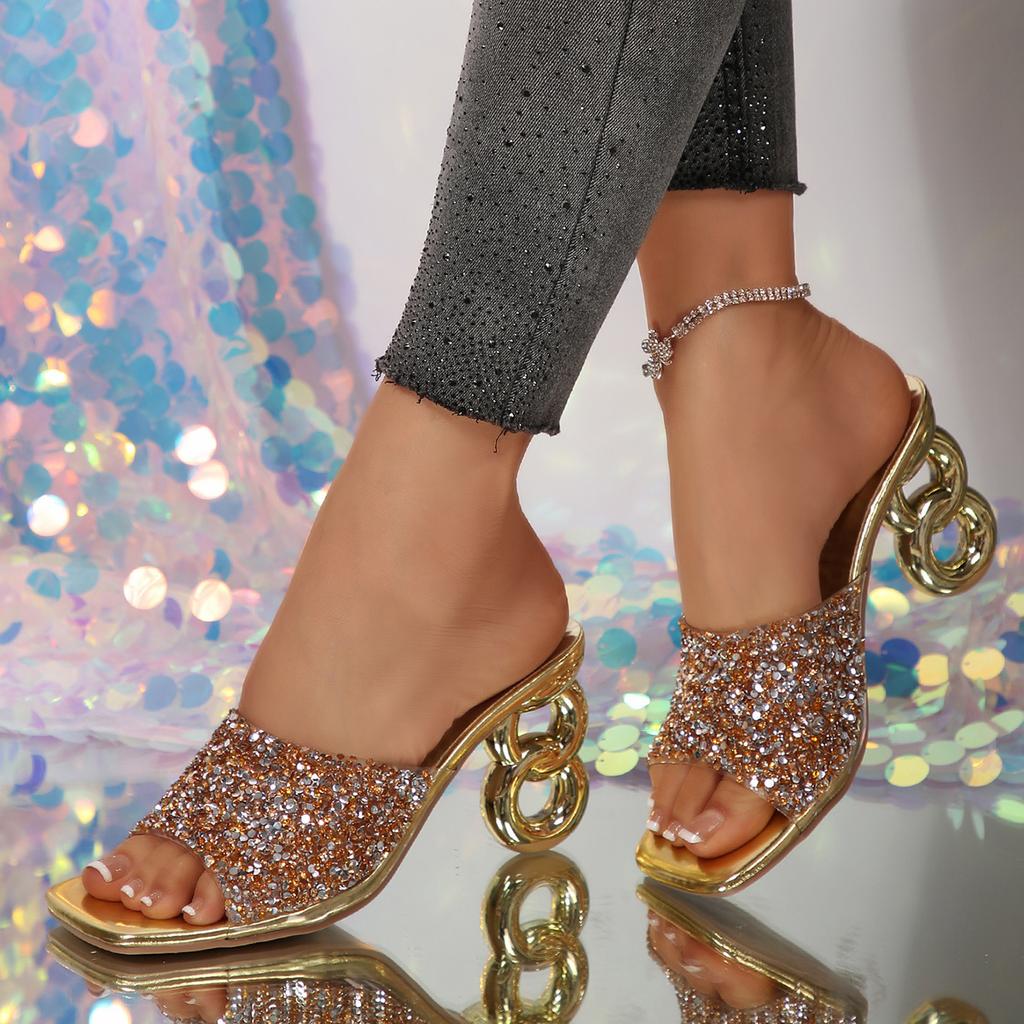 Fashion Women High Heels Sandals Summer Crystal Thick Heel Sandals Rhinestone Square Head Shallow Mouth Women Shoes Sandalias De Mujer