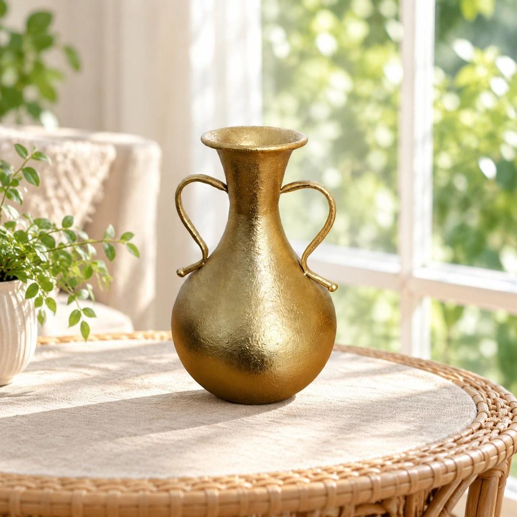 Vase Décoratif en Fer Doré Ampoulé Texturé avec Poignées Latérales Élégant pour