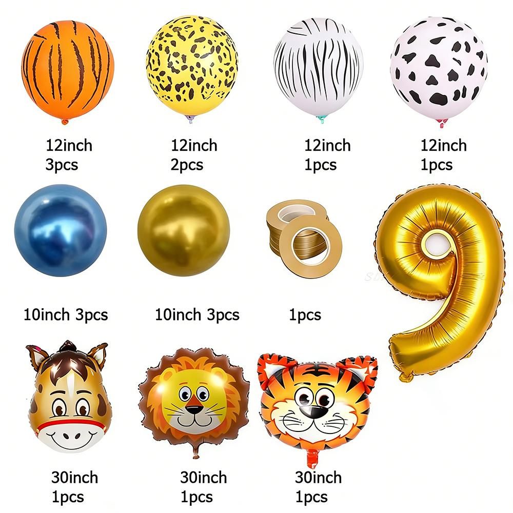 0-9 Years Old Birthday Party Balloon Set Children Tiger Lion Donkey Animal Aluminum Foil Balloons Jungle Theme Ballon Decoration