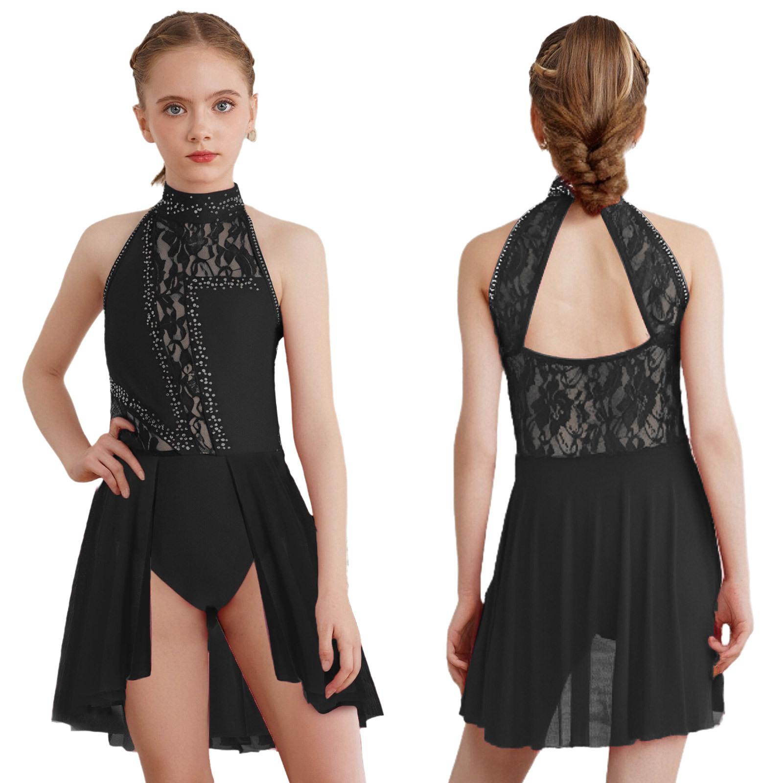 

Дитячий Дівчачий Мереживний Квітковий Виріз на Спині Стрази Сучасний Балетний Ліричний Танцювальний Плаття Леотар Пачка Спідниця Костюм для Виступу 9-10 Years чорний