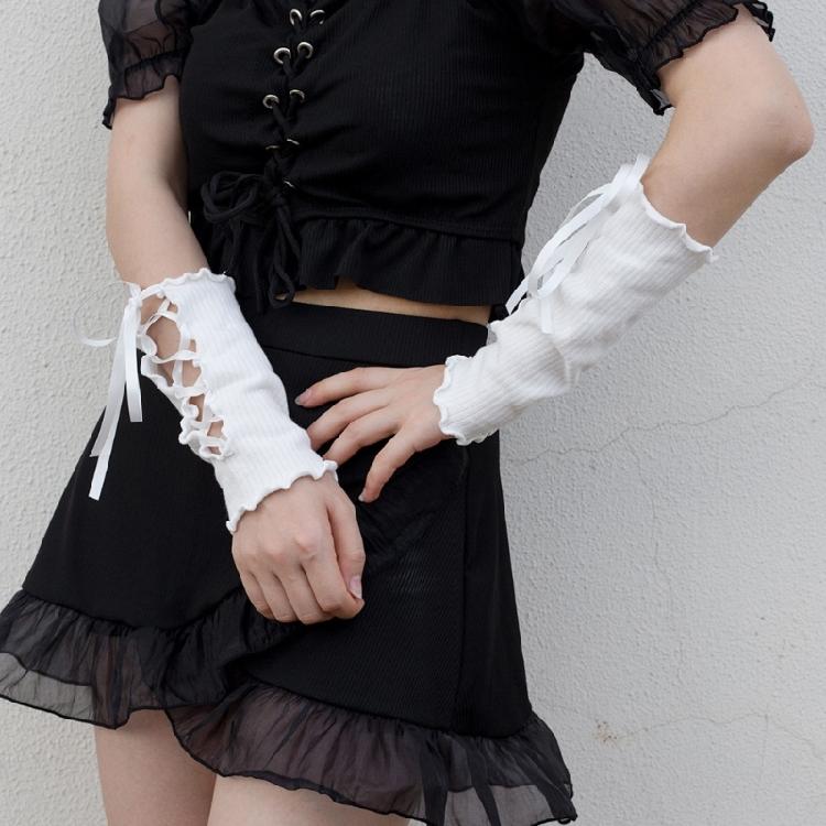 Gothic Frilly Fingerless Gloves Lace-Up Ribbon Ribbed Knit Arm Warmers for Women