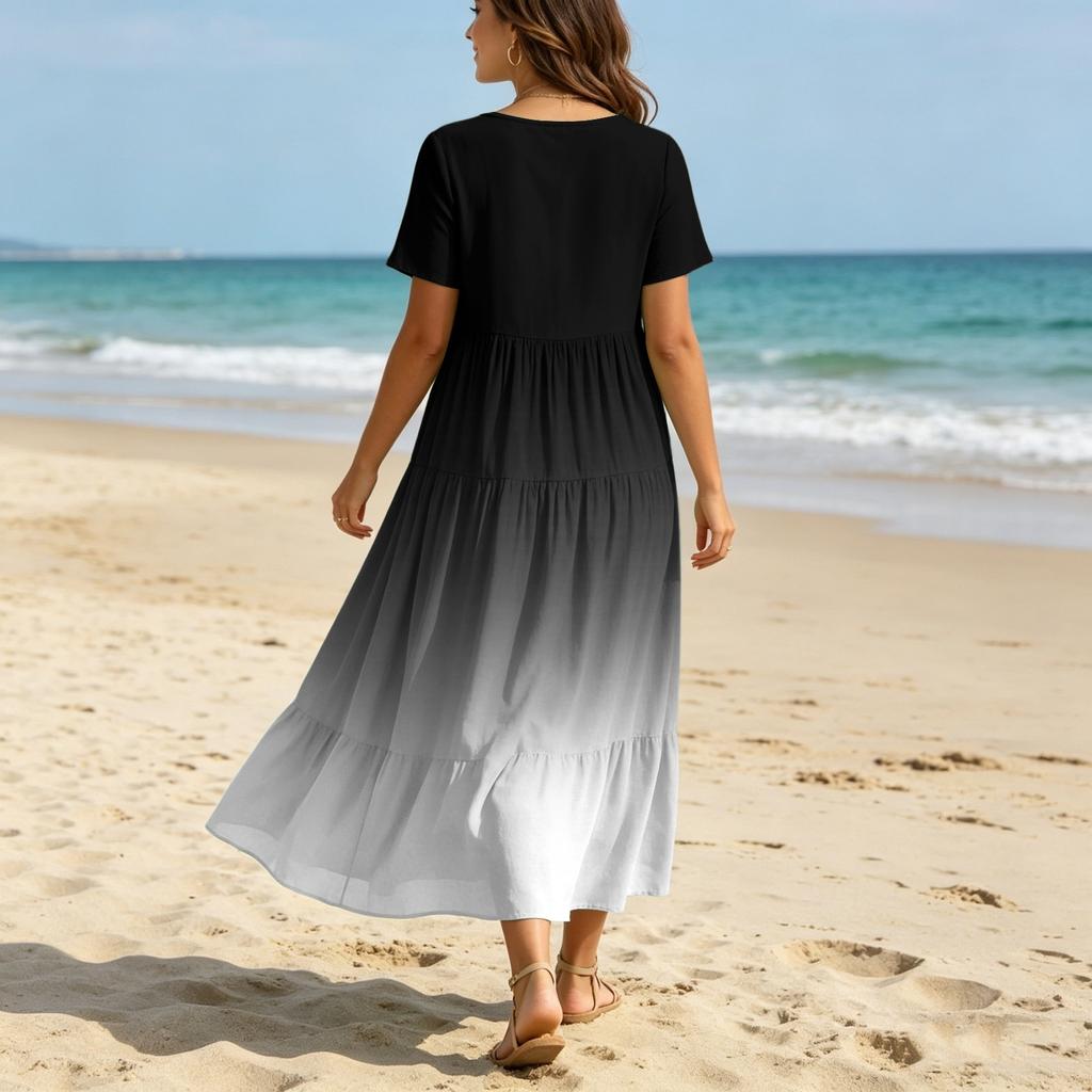 Abito Maxi Casual da Donna a Manica Corta con Scollo a V, Stile Bohemien, Vestibilità Larga, Stampa Degradé, per Estate e Uso Quotidiano