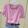 WTEMPO Brand Summer Square Neck French Women's Short Sleeve Shirt Short Loose Bubble Sleeve Waist Waist Exposed Collar Slim Top