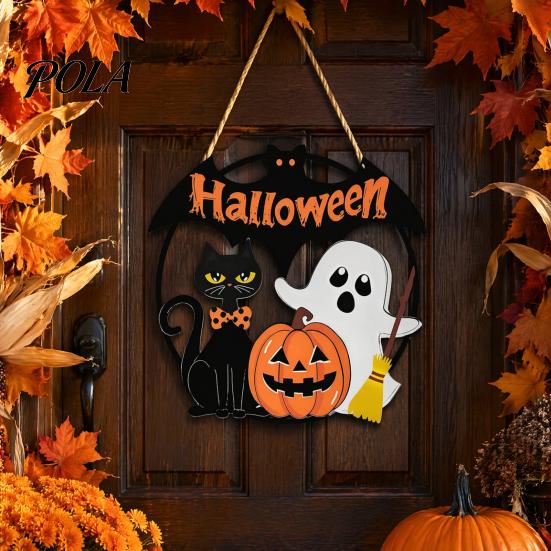 Durable Holiday Party Supplies Halloween Wood Hanging Ornament with Ghost Pumpkin Bat Cat Prints, And Ornaments Waterproof Front Door Sign for Indoor