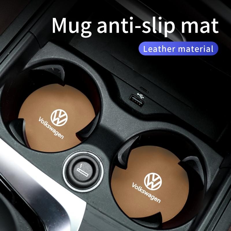 2pcs Car Leather Water Coaster Anti-slip Mats Bottle Cup Holder For Volkswagen VW Tiguan CC Jetta Polo Golf Passat T-ROC Touareg zf9