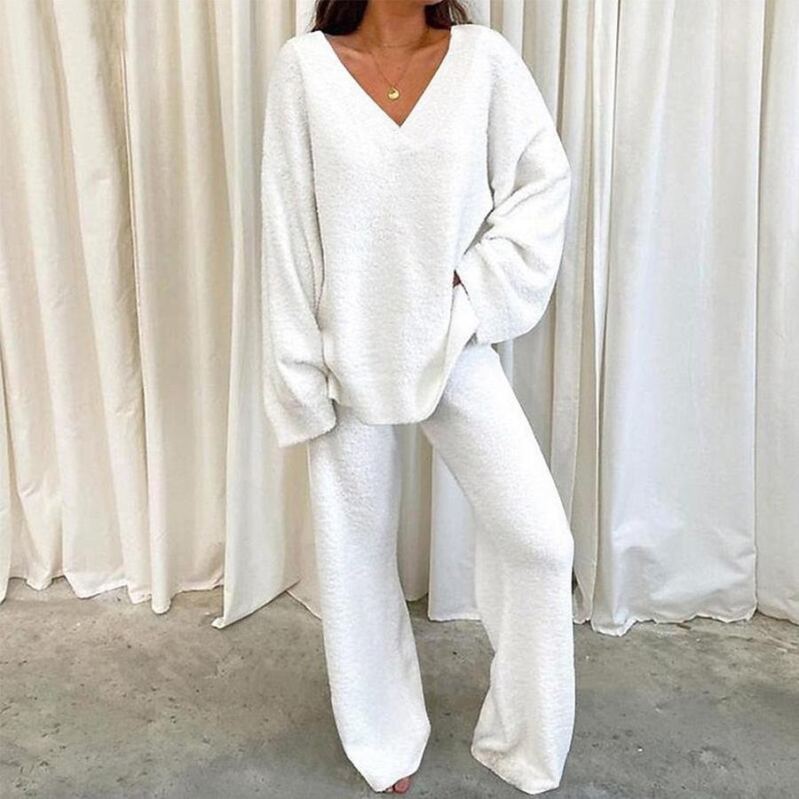 Winter Cozy Solid V-Neck Casual Daily Home Wear Two-Piece Set