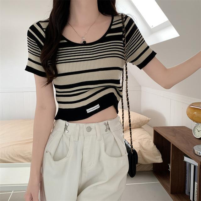 Summer Vintage Versatile Contrasting Striped Knitted Sweater for Women In Plus Size Loose Short Sleeved T-shirt