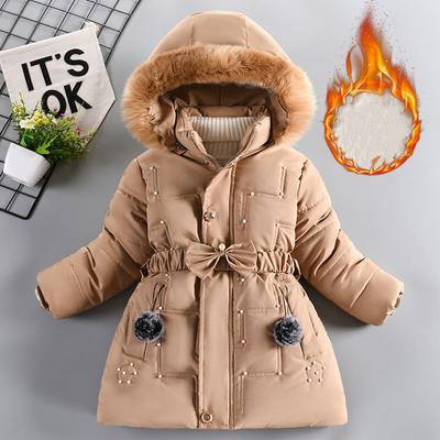 Chaqueta de Invierno Larga para Niñas con Decoración de Perlas, Abrigo Grueso con Capucha y Forro de Terciopelo, Ropa de Abrigo Cálida para Niñas con Cuello de Piel y Relleno de Algodón