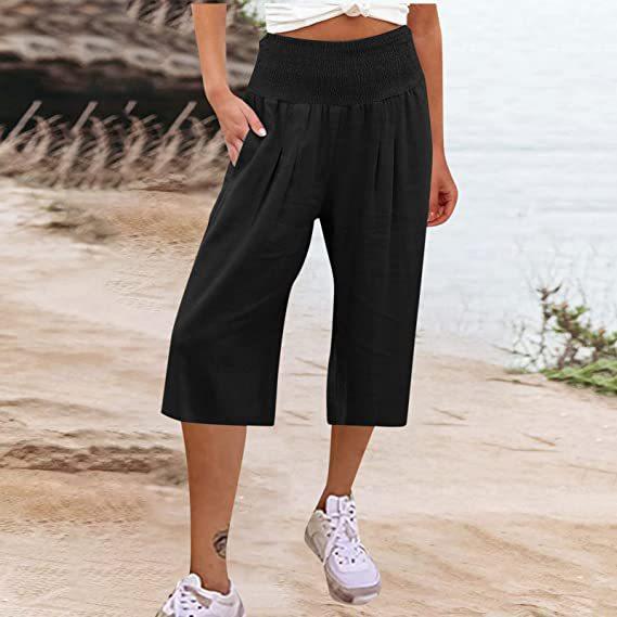 Summer Eurn Women's Cross-border Cotton Hemp Seven Waist Pocket Pocket Pocket Pocket Wide Leg Pants Woman