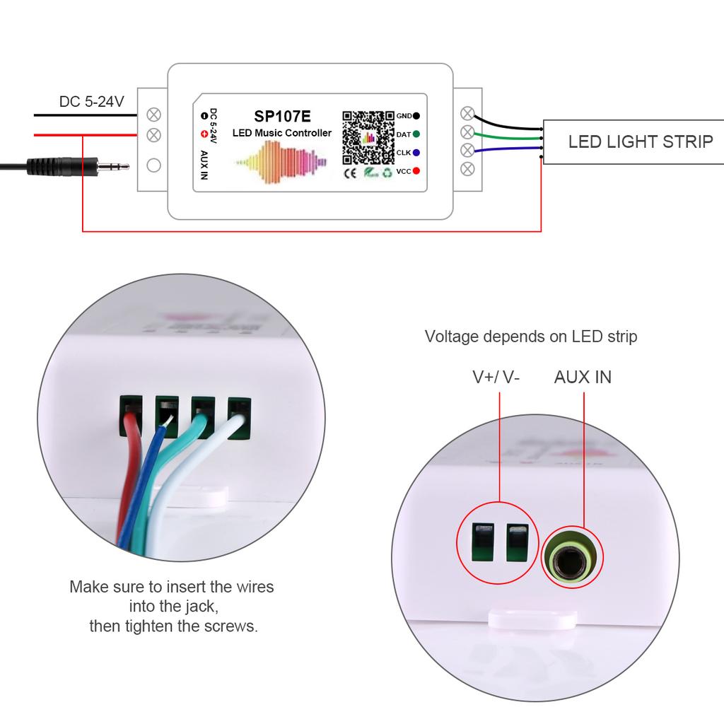 WS2812B WS2811 Pixels LED Strip Light Controller SP107E DC5-24V Addressable RGBIC Bluetooth / Music Controller