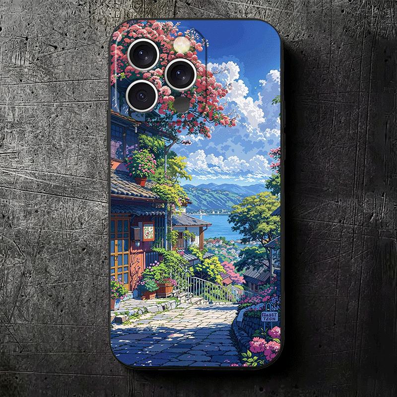 Anime Aesthetic Scenery Soft Phone Case for iPhone 16 16E 17 Air 15 Pro Max 14 Plus 13 Mini 11 12 7 Black Cover Back Shell