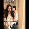 Sweet Pink Striped Shirt Design Fungus Long-sleeved Loose Shirt Women's Spring V-neck Top Ins