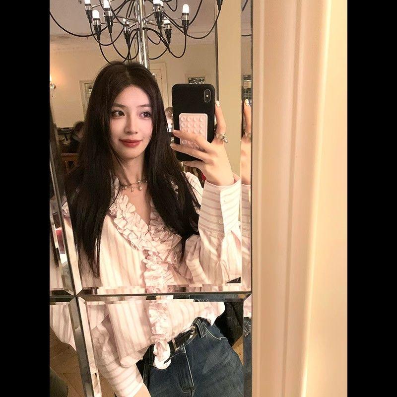 Sweet Pink Striped Shirt Design Fungus Long-sleeved Loose Shirt Women's Spring V-neck Top Ins