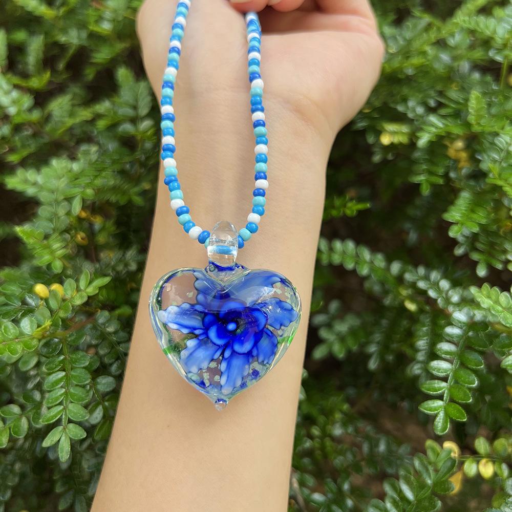 Blue Series Glass Rice Bead Necklace with Flower, Heart, and Starfish Pendants