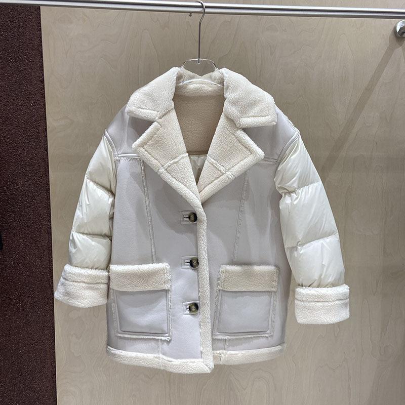 New European winter fashion loose thickened fur splicing lamb wool suit collar down jacket women