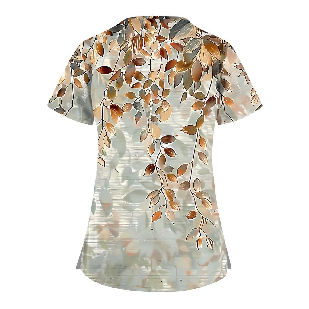 Top de Enfermera de Manga Corta con Cuello en V Escalonado, Estampado y Bolsillo