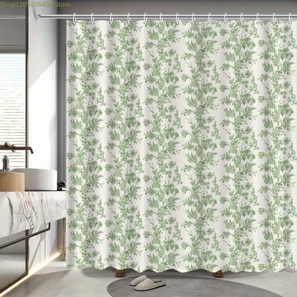 1pc Green Vintage Floral Polyester Shower Curtain - Botanical Farmhouse Bathroom Decor with 12 Hooks, Fabric, Line Dry, All-Se
